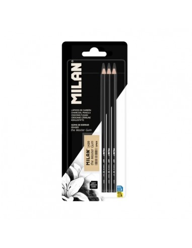 Milan Art Pack de 3 Lapices de Carboncillo-Goma The Master Gum - Color Negro