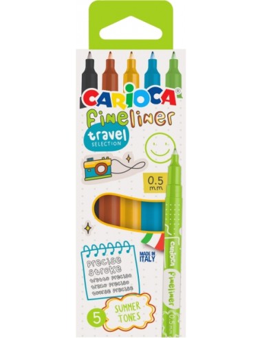 Carioca Fineliner Travel Pack de 5 Rotuladores - Punta Blanca de Acetal 0.5mm - Colores Surtidos