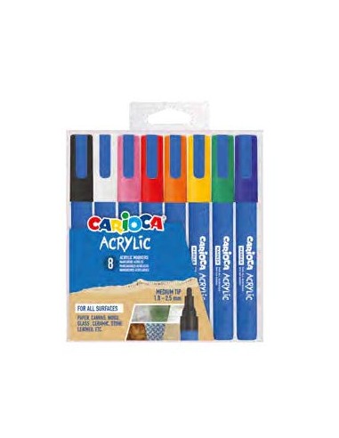 Carioca Acrylic Pack de 8 Marcadores de Pintura Acrilica - Punta Redonda Media 1.8-2.5mm - Tinta a Base de Agua - Alta