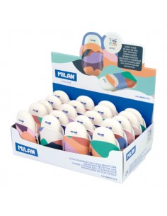 Milan The Fun 1012 Expositor con 24 Gomas de Borrar con Funda - Miga de Pan - Caucho Sintetico - Ovaladas - Colores Surtidos