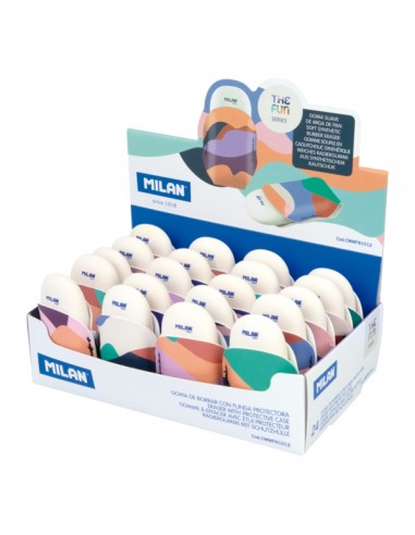 Milan The Fun 1012 Expositor con 24 Gomas de Borrar con Funda - Miga de Pan - Caucho Sintetico - Ovaladas - Colores Surtidos