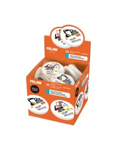 Milan Special Expositor con 26 Gomas de Borrar Redondas - Miga de Pan - Caucho Sintetico - Flexible - Color Blanco