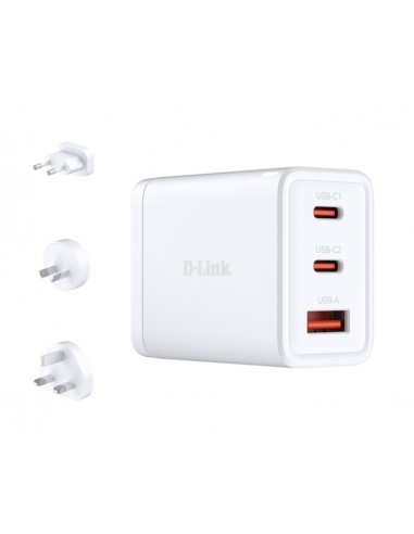 D-Link Cargador de Pared GaN de 65W - 2 USB-C y 1 USB-A - Conectores Intercambiables - Color Blanco