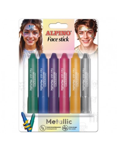 Alpino Fiesta Face Stick Metallic Pack con 6 Barritas de Pintura Facial - Sistema Retractil Giratorio - Se Lava con Agua -