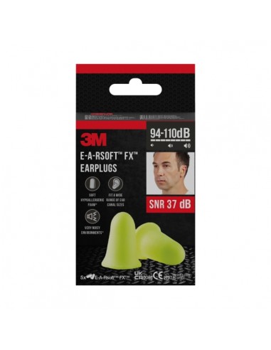 3M E-A-Rsoft Fx Pack de 10 Tapones para Oidos - Espuma de Poliuretano Suave - SNR 37dB - 5 Pares - Color Amarillo