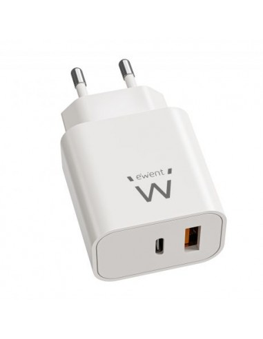 Ewent EW1318 Cargador GAN 20W - USB-C PD y USB-A QC - Carga Rapida - Alta Eficiencia - DiseÃ±o Compacto - Color Blanco