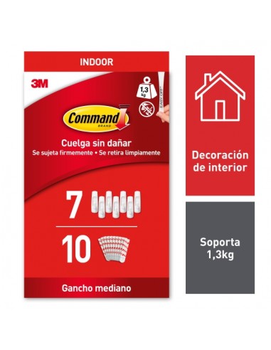 Command Pack de 7 Ganchos Medianos - 10 Tiras Adhesivas - Uso en Interior - Soporta hasta 1.3kg - Color Blanco