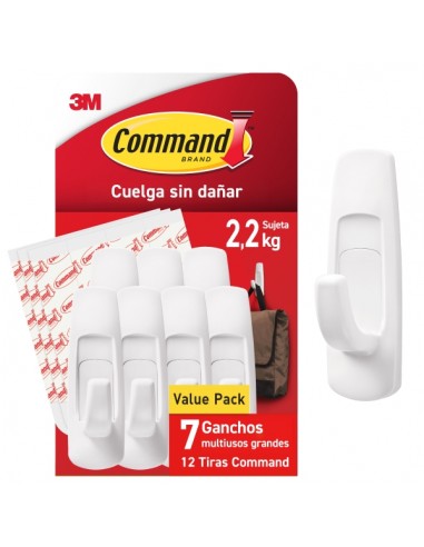 Command Pack de 7 Ganchos Grandes - 12 Tiras Adhesivas - Soporta hasta 2.2kg - Color Blanco