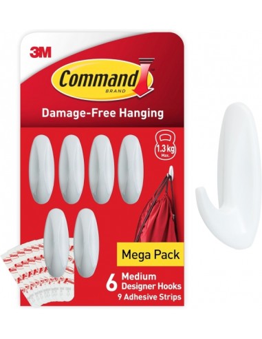 Command Pack de 6 Ganchos de DiseÃ±o Medianos - 9 Tiras Adhesivas - Soportan hasta 1.3kg - Color Blanco