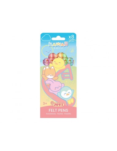 Jovi Kawaii Felt Pens Pack con 8 Rotuladores Punta Media de 3mm - Capuchon de Seguridad Ventilado - Grip Triangular