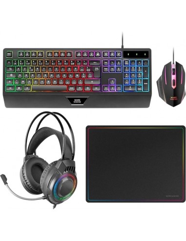 Mars Gaming MCP124PRO Combo Pack Gaming 4en1 - Teclado Hibrido H-Mech - Disposicion Francesa AZERTY FR - Raton 3200dpi -