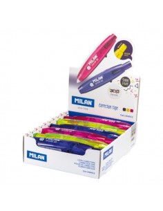 Milan Acid Expositor con 12 Cintas Correctoras con Pulsador - 5mm x 6m - Colores Surtidos