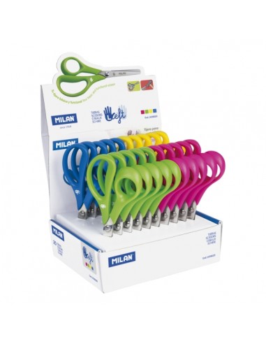 Milan Expositor con 20 Tijeras para Zurdos - Mango Ergonomico - Punta Redondeada - Acero Inoxidable de 14cm - Colores Surtidos