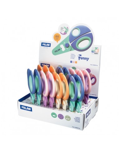 Milan Funny Expositor con 16 Tijeras - Punta Redondeada para Infantil - Hojas de Plastico de Seguridad - Colores Surtidos