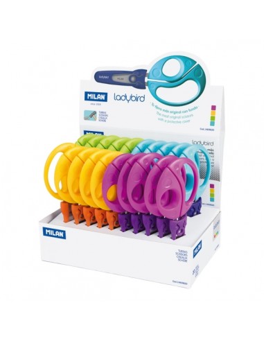 Milan Ladybird Expositor con 20 Tijeras con Funda - Mango Ergonomico - Punta Redondeada - Acero Inoxidable de 15cm - Colores