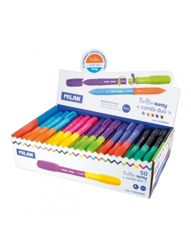 Milan Sway Combi Duo Expositor con 50 Boligrafos de Bola Retractiles - Punta Redonda 1mm - Doble Punta Intercambiable -
