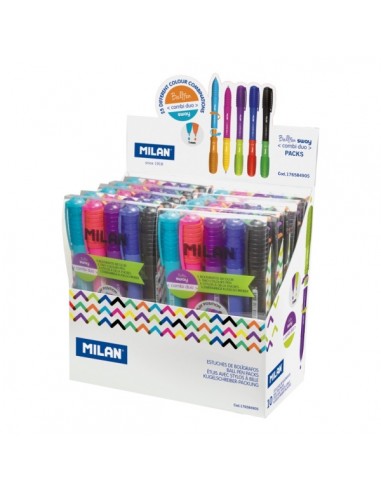 Milan Sway Combi Duo Expositor con 10 Estuches de 5 Boligrafos de Bola Retractiles - Punta Redonda 1mm - Doble Punta