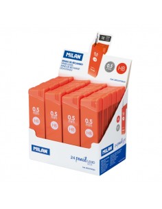 Milan Expositor con 24 Cajas de 12 Minas 0.5mm - Dureza HB - Color Naranja