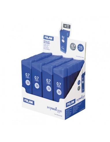 Milan Expositor con 24 Cajas de 12 Minas 0.7mm - Dureza 2B - Color Negro