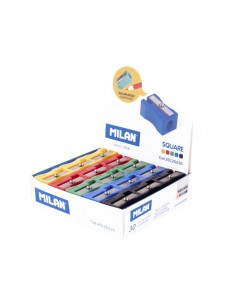Milan Basic Expositor con 30 Sacapuntas - Sin Deposito - Cuchilla de Acero de Seguridad - Colores Surtidos