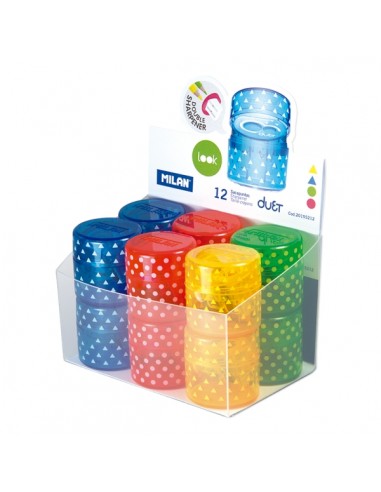 Milan Duet Look Expositor con 12 Sacapuntas Doble - Regular y Maxi - Deposito Integrado - Cuchilla de Acero de Seguridad -