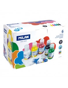 Milan Pack de 6 Botellas de Tempera - 125ml por Unidad - Incluye Pincel - Mezclable - Secado Rapido - Colores Surtidos