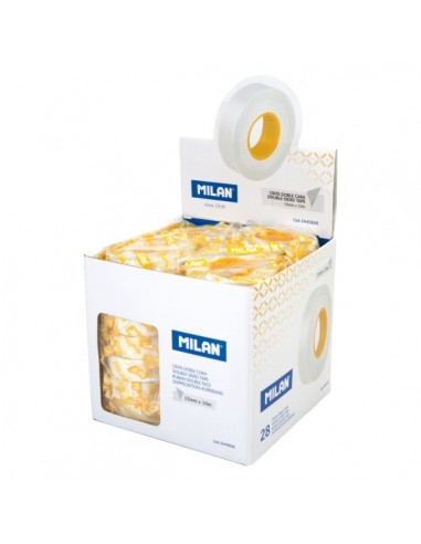 Milan Expositor con 28 Rollos Cinta Adhesiva de Doble Cara - 15mm x 10m - Color Transparente