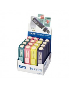 Milan Stick Expositor con 16 Afilaborras - Goma Larga - Deposito Integrado - Cuchilla de Acero de Seguridad - Colores Surtidos