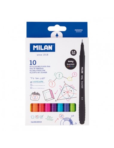 Milan Sway Fineliner Pack de 10 Rotuladores - Tinta al Agua - Punta Fina 0.4mm - Colores Surtidos