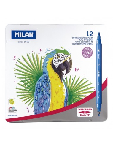 Milan Pack de 12 Rotuladores Doble Punta - Caja Metalica - Punta Fina 2mm - Pincel 0.5 a 4mm - Colores Surtidos