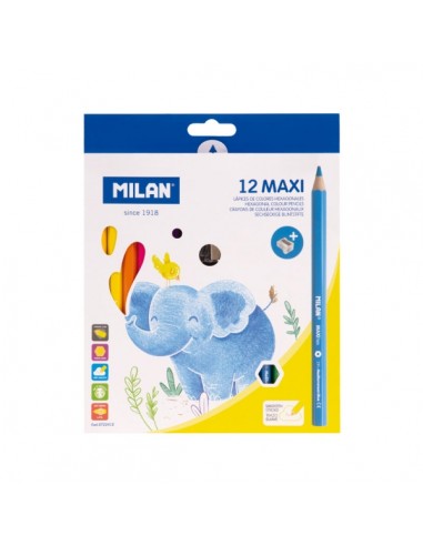 Milan Maxi Pack de 12 Lapices de Colores - Incluye Sacapuntas - Hexagonales - Colores Surtidos