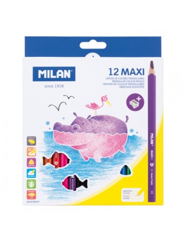 Milan Maxi Pack de 12 Lapices de Colores - Incluye Sacapuntas - Hexagonales - Colores Surtidos