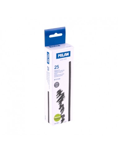 Milan Pack de 25 Barritas de Carboncillo - Natural - Redondo de 3-5mm - Color Negro