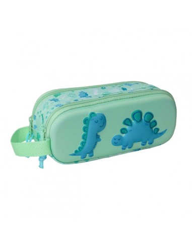 Safta Dino Estuche Portatodo 3D de 1L - 2 Compartimentos - Cierre de Cremallera - Asa de Mano - 21x8x6cm - Color Menta