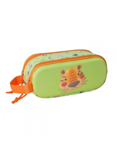 Safta Tiger Estuche Portatodo 3D de 1L - 2 Compartimentos - Cierre de Cremallera - Asa de Mano - 21x8x6cm - Color Verde Claro