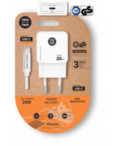 TechOneTech Cargador de Pared UltrarrÃ¡pido GaN 20w Blanco-cable USB-C