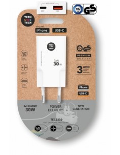 TechOneTech Cargador Doble de Pared UltrarrÃ¡pido GaN 30w USB-C USB-A Blanco