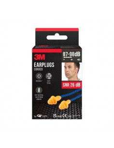 3M Tapones para Oidos con Cordon - Forma de Tres Anillos - Reutilizables - Lavables - SNR 26dB - Color Naranja