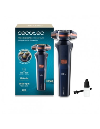Cecotec PrecisionCare Aluminum Afeitadora Rotatoria - Autonomia hasta 2h - Cabezal Magnetico - Velocidad 8500rpm - Pantalla