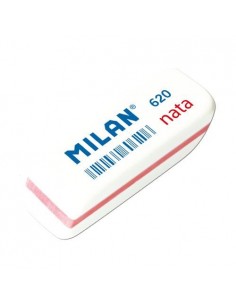 Milan Nata 620 Goma de Borrar Biselada Pequeña - Plastico Suave - No Abrasiva - Color Blanco con Ribete de Colores Surtidos