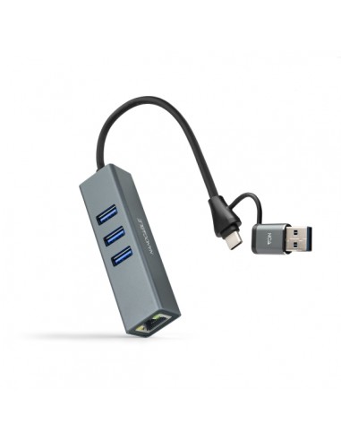 Nanocable Adaptador de Red USB-C-USB-A M 3.0 a Ethernet Gigabit 10 100 1000 Mbps-Hub 3xUSB-A 3.0 - 15 cm - Color Gris