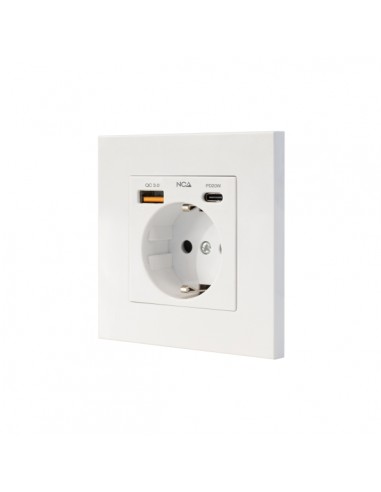 Nanocable Roseta Base de Enchufe de Pared Empotrable Tipo Schuko - 1xUSB-A QC 3.0-1xUSB-C PD - 3.4A - Color Blanco