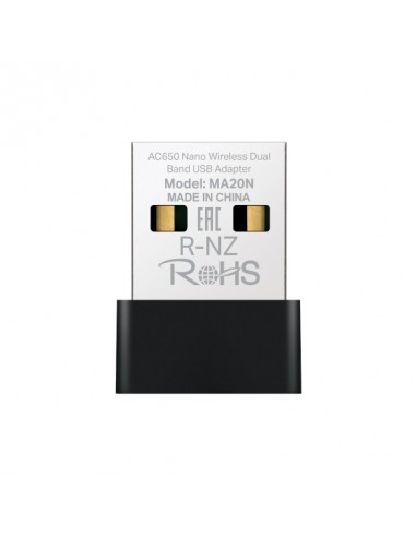 Mercusys MA20N Adaptador USB WiFi Doble Banda AC650 - Hasta 433Mbps 5GHZ-Hasta 200Mbps 2.4GHz - Color Negro