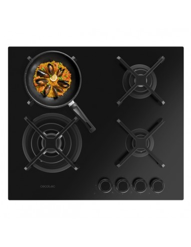 Cecotec Bolero Squad G 4400S Nano Glass Cocina de Gas Encastrable - 4 Quemadores - Acabado en Cristal Negro - 8kW - Parrillas