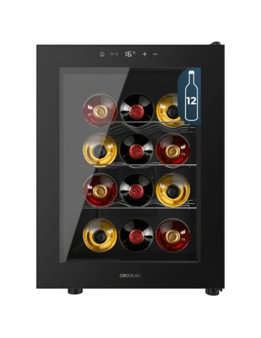 Cecotec Bolero GrandSommelier 1255 CoolCrystal Vinoteca para 12 Botellas - Silencioso 35dB - Luz LED - Pantalla LED -