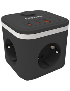 Fellowes Cubo Multienchufes de Sobremesa con 3 Tomas 230V-2x USB-C 20W max. - 1x USB-A 18W max. - Cable de 2m - Interruptor