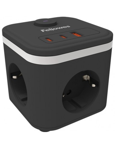 Fellowes Cubo Multienchufes de Sobremesa con 3 Tomas 230V-2x USB-C 20W max. - 1x USB-A 18W max. - Cable de 2m - Interruptor