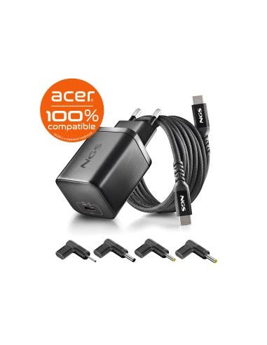 NGS BUD65WâAC Cargador GaN 65W para Portatiles Acer - USB C Power Delivery y PPS - 4 Conectores DC Incluidos - Cable USB