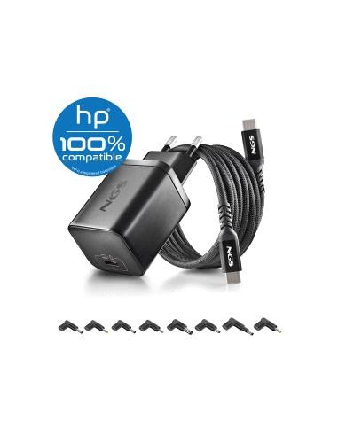 NGS BUD65W-H Cargador GaN 65W para Portatiles HP - USB C Power Delivery y PPS - 8 Conectores DC Incluidos - Cable USB C 1.5 m