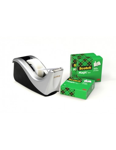 Scotch Magic Dispensador de Cinta Adhesiva - Para Cintas de hasta 19mm x 33m - Incluye 4 Cintas Adhesivas - Color Negro Plata